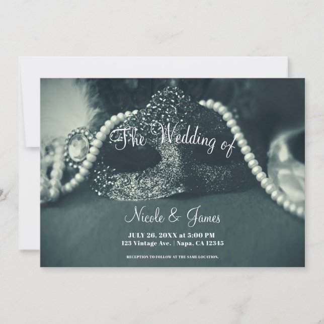 Vintage Green Masquerade Mask Pearls Wedding Invitation (Front)