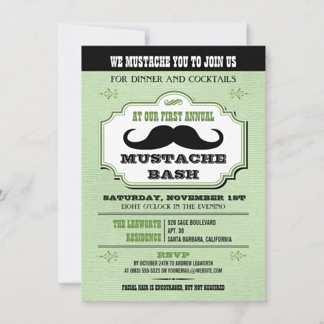 Vintage Green Moustache Bash Invitation (Front)