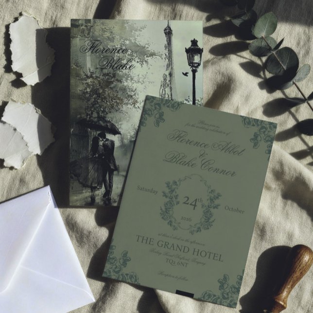 Vintage Green Paris Wedding Invitation (paris inspired olive green wedding invitation with illustration, vintage victorian style)