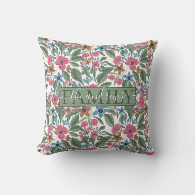 Vintage Green Pink Blue Watercolor Floral Pattern Cushion (Front)