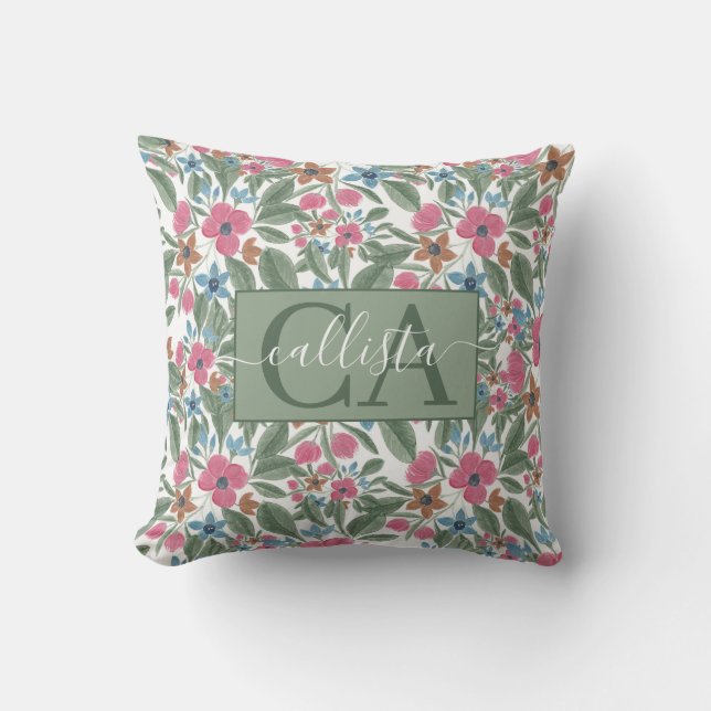 Vintage Green Pink Blue Watercolor Floral Pattern Cushion (Front)