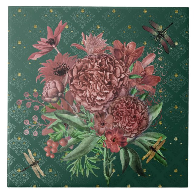 Vintage Green Pink Floral Dragonflies Ceramic Tile (Front)