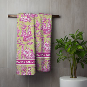 Vintage Green Pink French Country Toile de Jouy Bath Towel Set