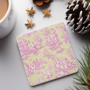 Vintage green pink toile de jouy pattern stone coaster