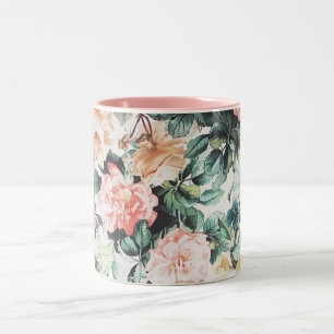 Vintage green pink yellow country chic floral Two-Tone coffee mug