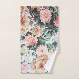 Vintage green pink yellow watercolor roses floral. hand towel