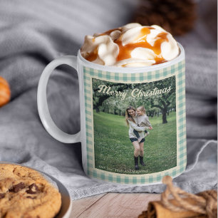 Vintage Green Plaid Gingham Rustic Photo Christmas Coffee Mug