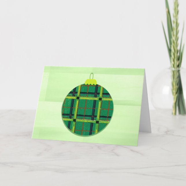Vintage Green Plaid Ornament Christmas Card (Front)