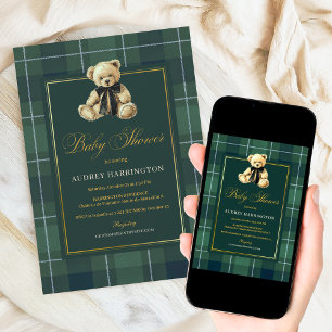 Vintage Green Polo Paid & Teddy Bear Baby Shower Invitation