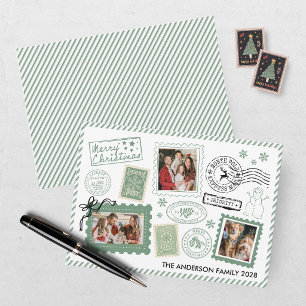 Vintage Green Postage Stamp Photo Christmas Holiday Card
