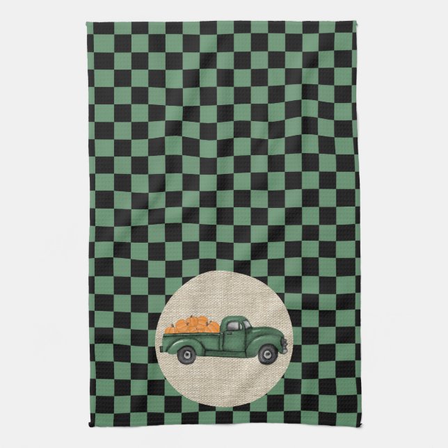 Vintage Green Pumpkin Truck Kitchen Towel (Vertical)