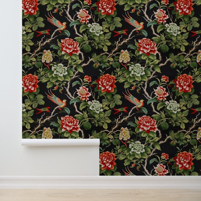 Vintage green red chinoiserie wallpaper (Application)