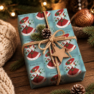 Vintage Green Red Glitter Christmas Bells Girl Wrapping Paper