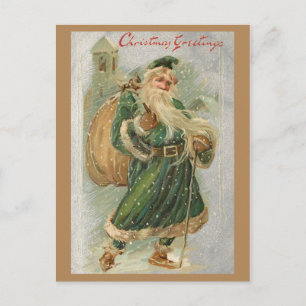 Vintage Green-Robed Father Christmas in Snow Postcard