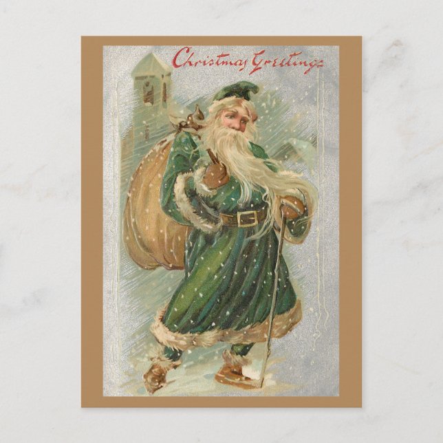 Vintage Green-Robed Father Christmas in Snow Postcard (Front)