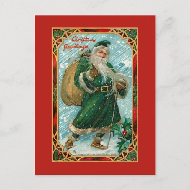 Vintage Green-Robed Santa in Snow Postcard (Front)