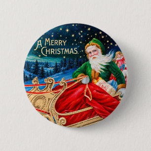 Vintage Green Santa Sleigh Starry Night Christmas 6 Cm Round Badge