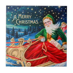 Vintage Green Santa Sleigh Starry Night Christmas Ceramic Tile