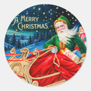 Vintage Green Santa Sleigh Starry Night Christmas Classic Round Sticker