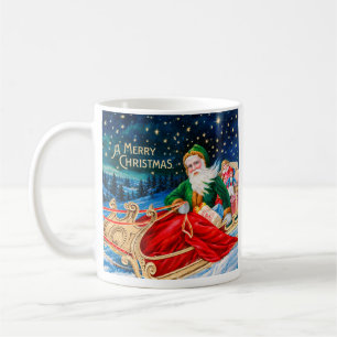 Vintage Green Santa Sleigh Starry Night Christmas Coffee Mug