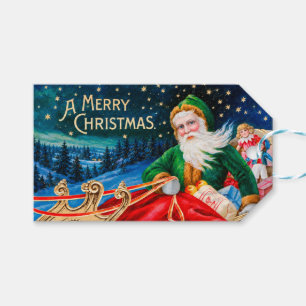 Vintage Green Santa Sleigh Starry Night Christmas Gift Tags