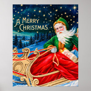 Vintage Green Santa Sleigh Starry Night Christmas Poster