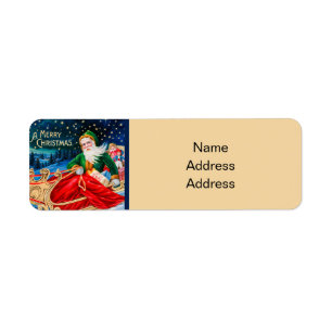 Vintage Green Santa Sleigh Starry Night Christmas Return Address Label