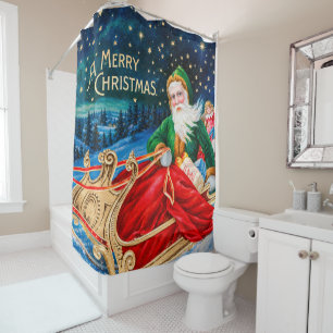 Vintage Green Santa Sleigh Starry Night Christmas Shower Curtain
