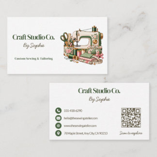 Vintage Green Sewing Machine Craft Studio QR Business Card