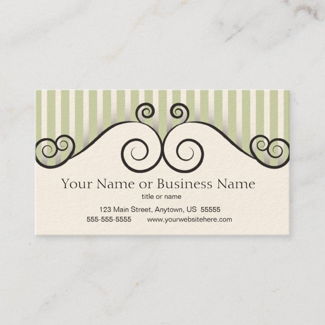 Vintage Green Striped with Swirls Business Card (Front)