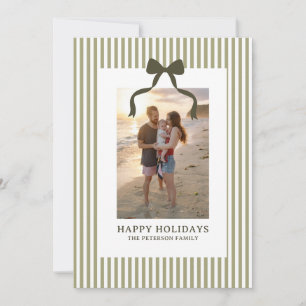 Vintage Green Stripes And Bow Photo Holiday Card