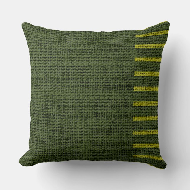 Vintage Green Stripes Burlap Linen Rustic Jute Cushion (Front)