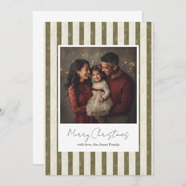 Vintage Green Stripes Christmas Card - 1 photo (Front/Back)