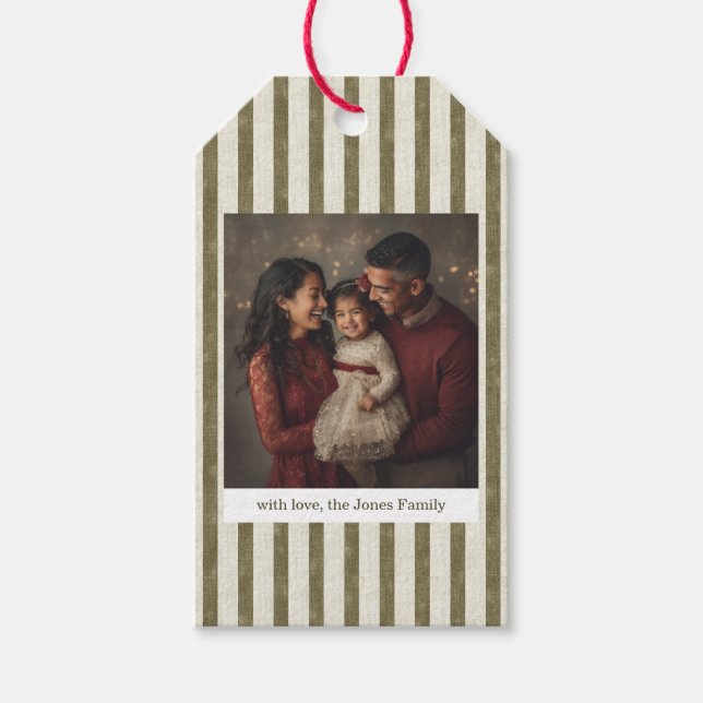 Vintage Green Stripes Christmas Photo Gift Tag (Front)