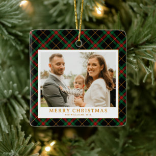 Vintage Green Tartan Plaid Photo Christmas Ceramic Ornament