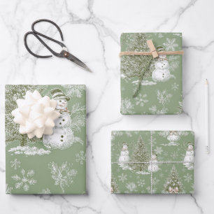 Vintage Green Toile Christmas Snowman And Trees Wrapping Paper Sheet