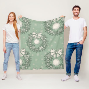 Vintage Green Toile Christmas Wreath (1) Fleece Blanket