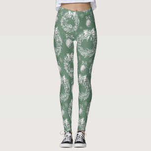 Vintage Green Toile Christmas Wreath (2) Leggings