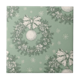 Vintage Green Toile Christmas Wreath Ceramic Tile