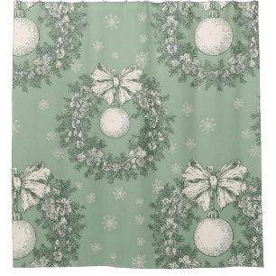 Vintage Green Toile Christmas Wreath Shower Curtain