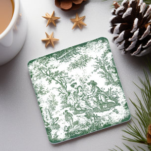 Vintage green toile de jouy couple printed stone coaster