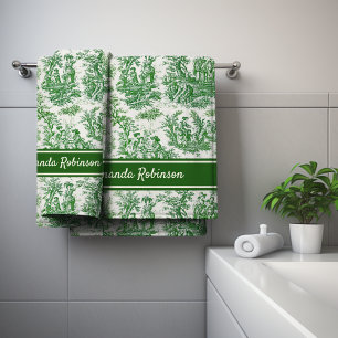 Vintage green toile de jouy printed bath towel set