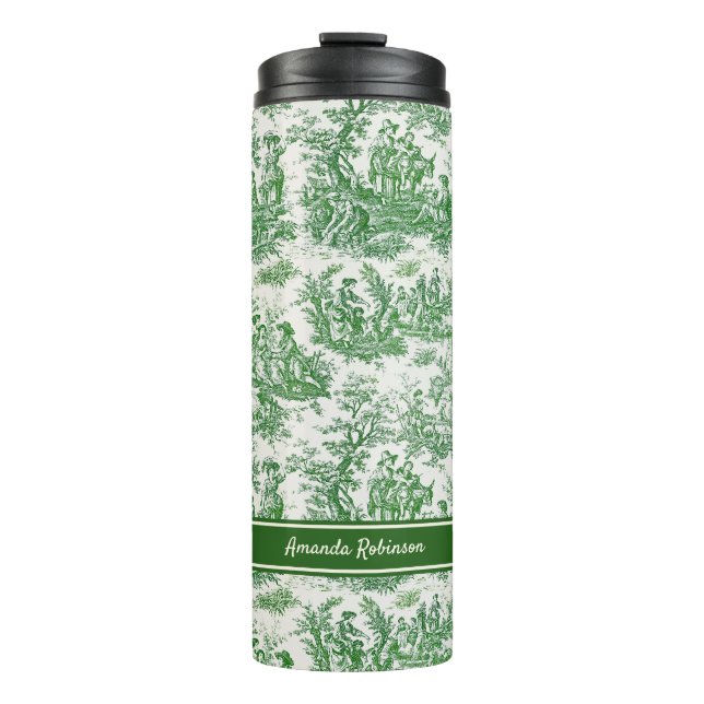 Vintage green toile de jouy printed thermal tumbler (Front)