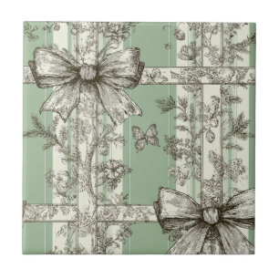 Vintage Green Toile Ribbon Ceramic Tile