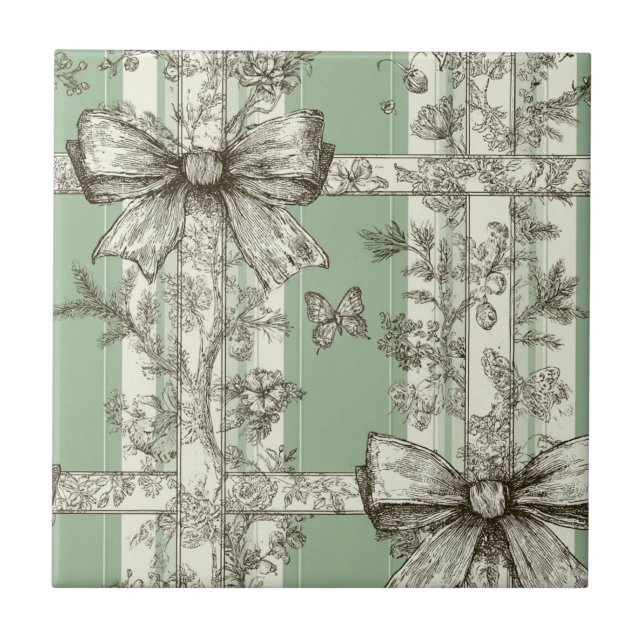 Vintage Green Toile Ribbon Ceramic Tile (Front)