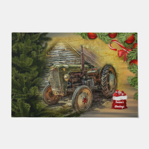 Vintage Green Tractor Barn Christmas Doormat