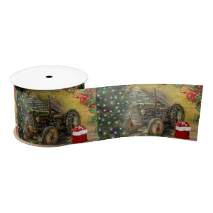 Vintage Green Tractor Christmas Satin Ribbon
