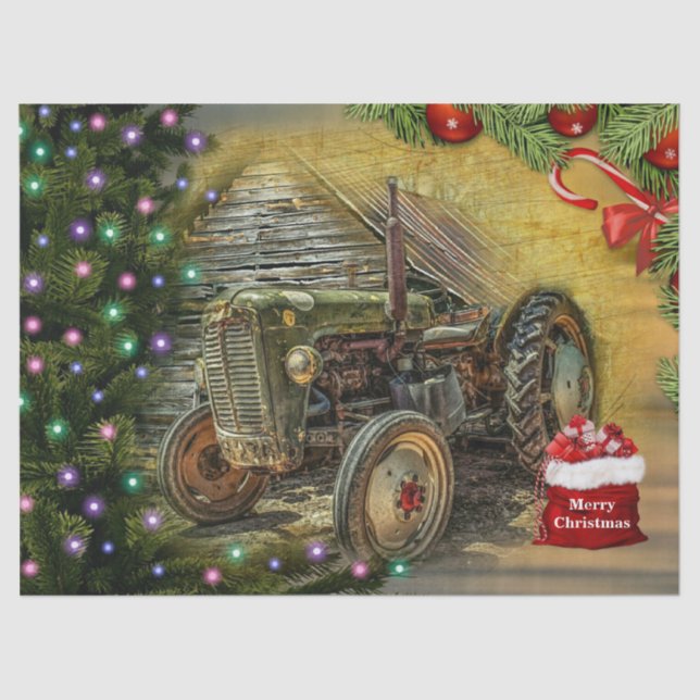 Vintage Green Tractor Christmas Tissue Paper (Front)