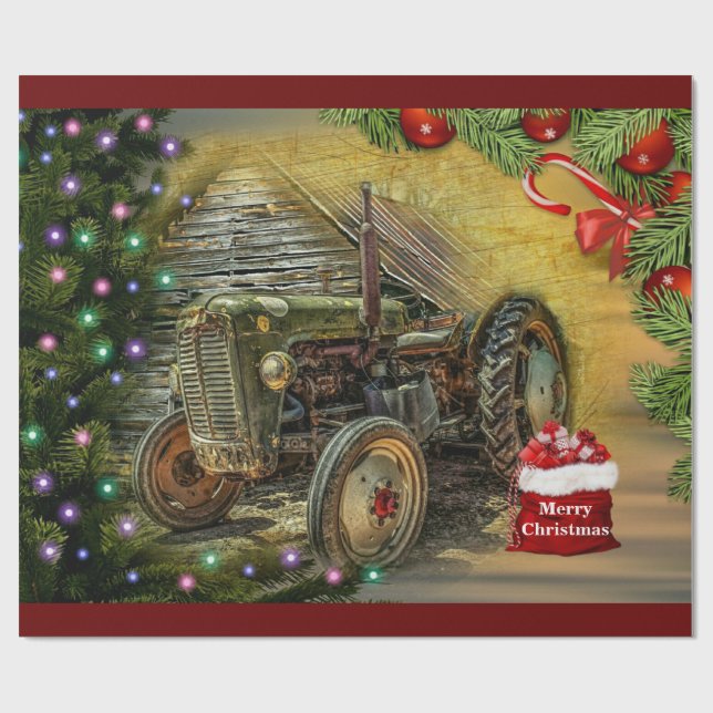Vintage Green Tractor Christmas Wrapping Paper (Flat)