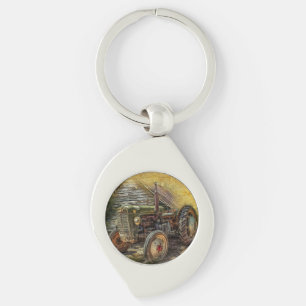 Vintage Green Tractor Rustic Old Barn Key Ring